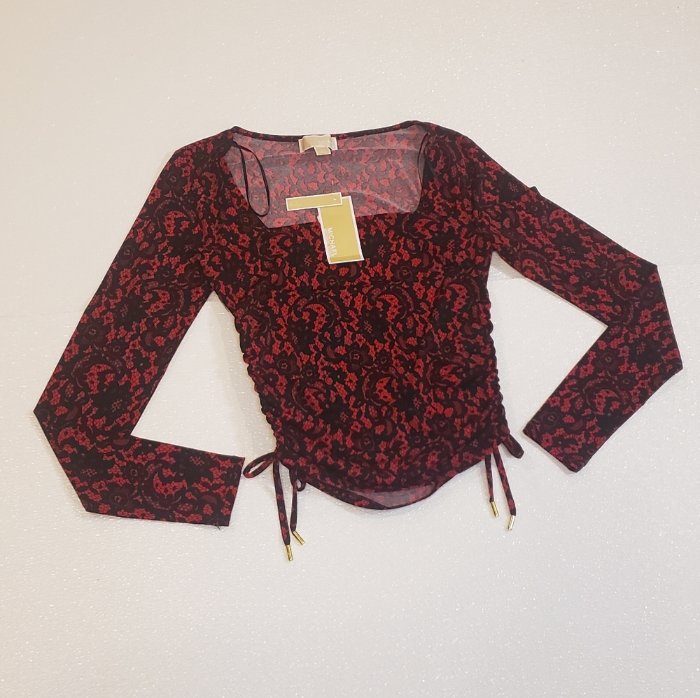 Michael Kors NWT Square Neck Ruched Long Sleeve Top Red Black Lace Print XS